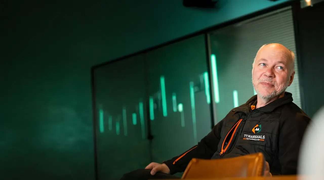 Andy Williams of TT Marshals, seated in the DotPerformance studio